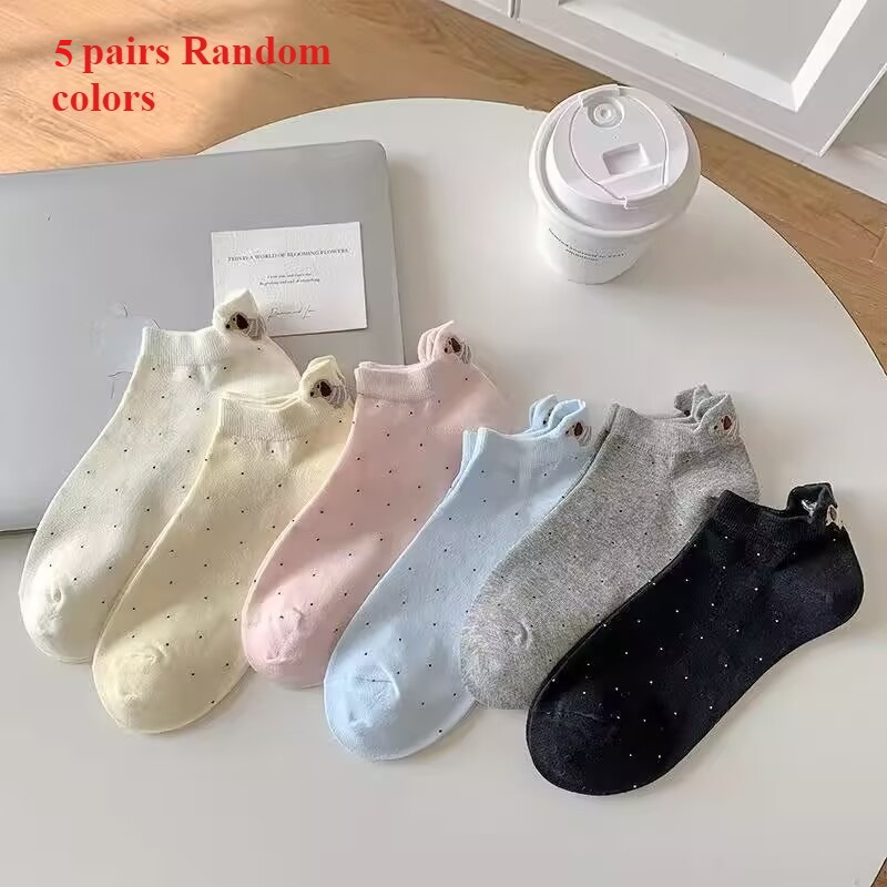TEMU 5 Pairs Of Random Summer Women's Short Tube Socks Ear Lifting Puppy Low Waist Anti-odor Versatile Spring And Summer Women's Thin Shallow Mouth Socks