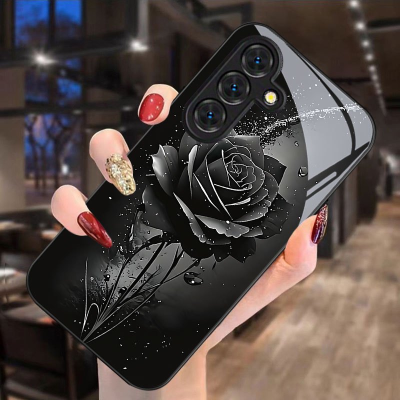 TEMU Phone Case: Black Rose Print Pattern Phone Case, Suitable For Galaxy S9+/s10/s20+/s20 Ultra/s21 5g/s21+/s22/s23 Plus/s24 Plus/s25/s25 Edge/note