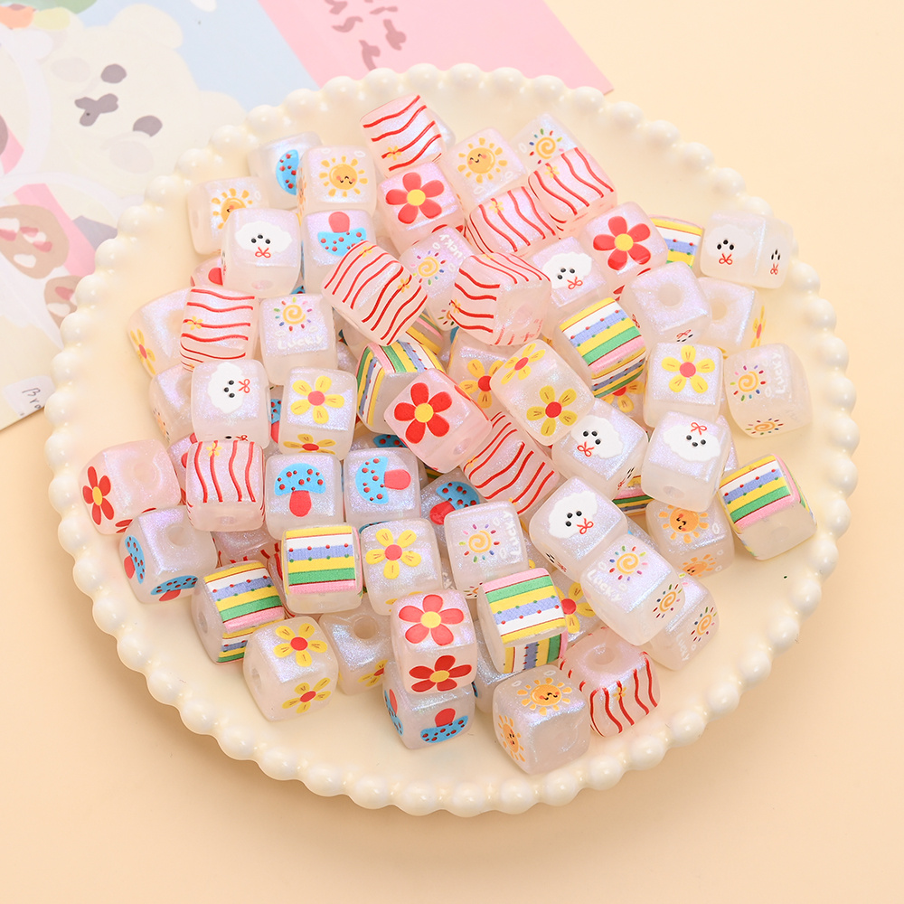TEMU 10pcs 15mm Large Smooth Hole Square Acrylic Beads - Cute Mushroom, Flower, Cloud, Sun & Stripe Patterns - Colorful Diy Craft Beads Suitable For