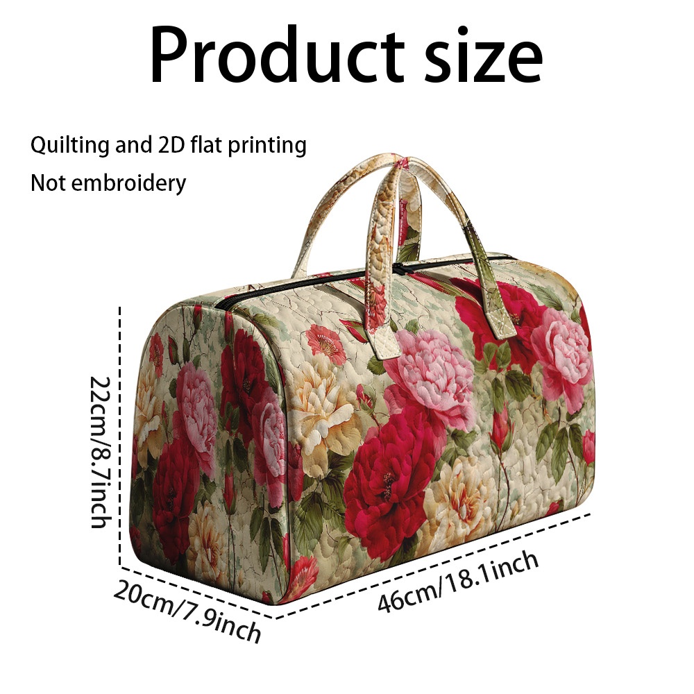 TEMU 2d Flat Printing And 1pc Floral Red And Pink Roses Print Polyester Quilted Travel Tote Bag, Large Capacity Portable Luggage Bag For And Outdoor