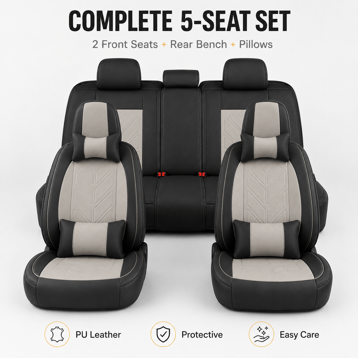 5-seater Universal Black & Gray Car Seat Covers Set, Front & Rear + 4 Pillows, Pu Leather Seat Protectors