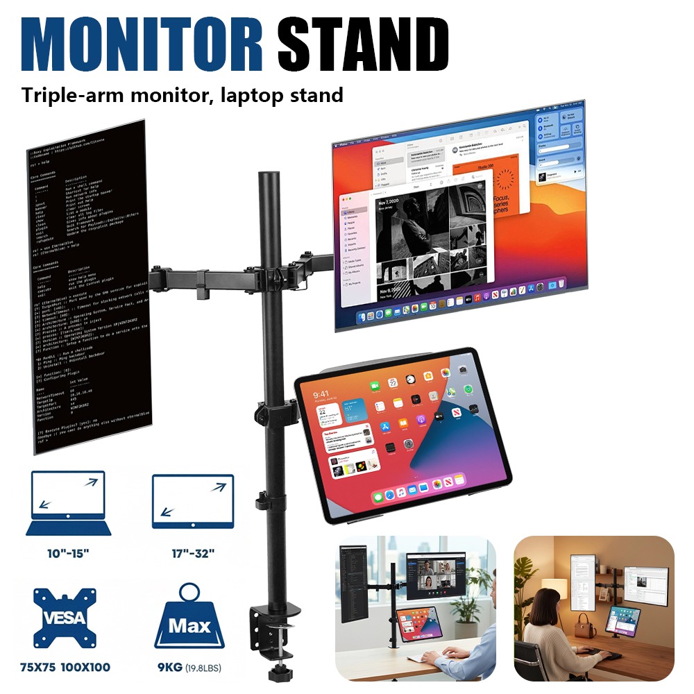 Dual Monitor Stand For 17-32in Screens, Vesa /100x100 Compatible With Front Storage Shelf, 360° Rotation Height Adjustable Monitor Mount For Home Office Gaming Setup