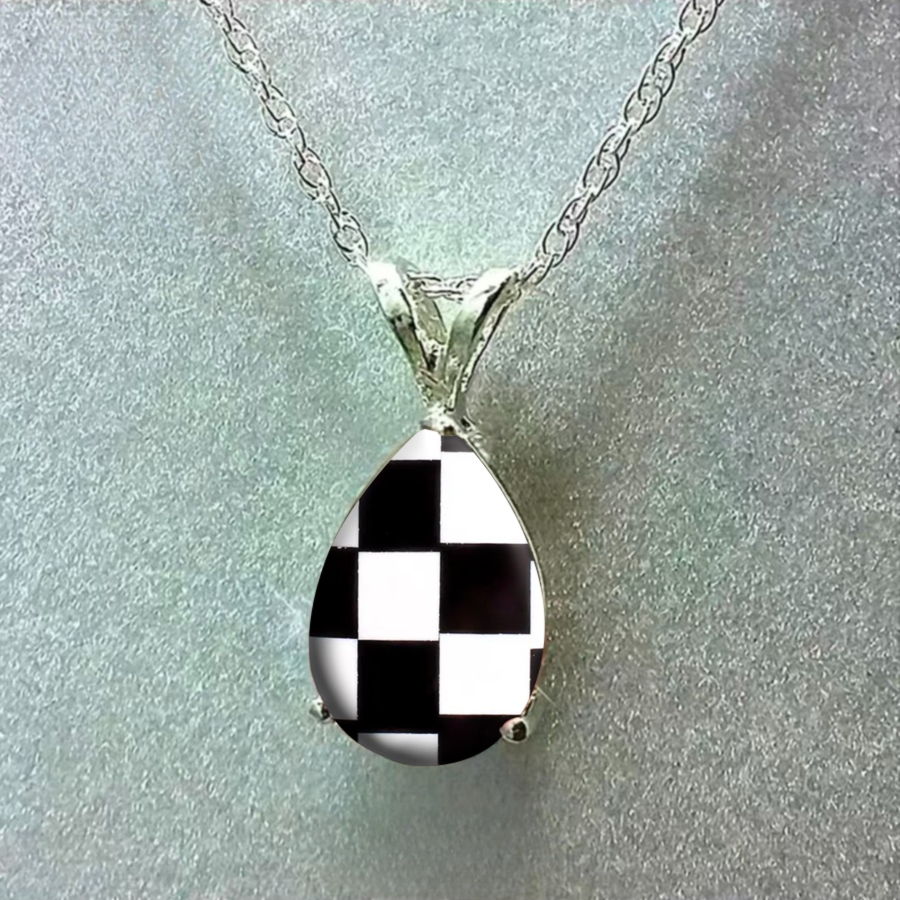 1pc Checkerboard Necklace | Geometric Abstract Bohemian Pendant Teardrop Necklace, Elegant Alloy With Glass Mosaic, Ideal For Daily And Gift Occasions