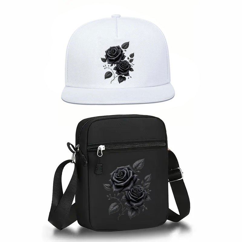 TEMU 2pcs Print Unisex Baseball And Crossbody Bag Set, Street Fashion Outdoor Sports Flat Brim Hat And Shoulder Bag, Adjustable, Valentine's Day And