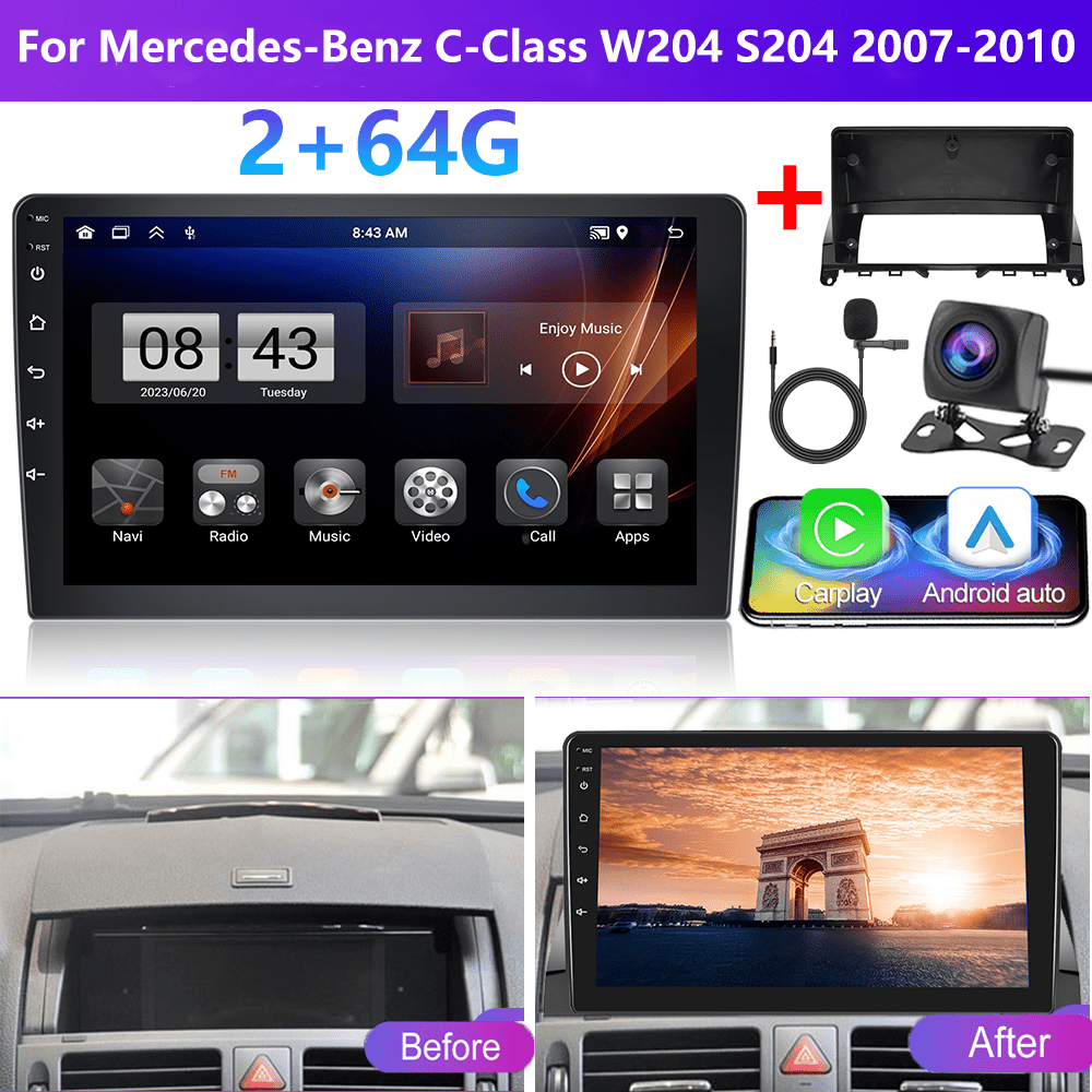Image of [2g+64g]podofo 15 Car Stereo For Mercedes-benz W204 S204 2007-2010(frame Included) Double Din Auto, 9 Inch Touchscreen Car Din With Gps Navigation Wireless Fm Hifi Wifi Usb + Ahd Backup Camera + Mic