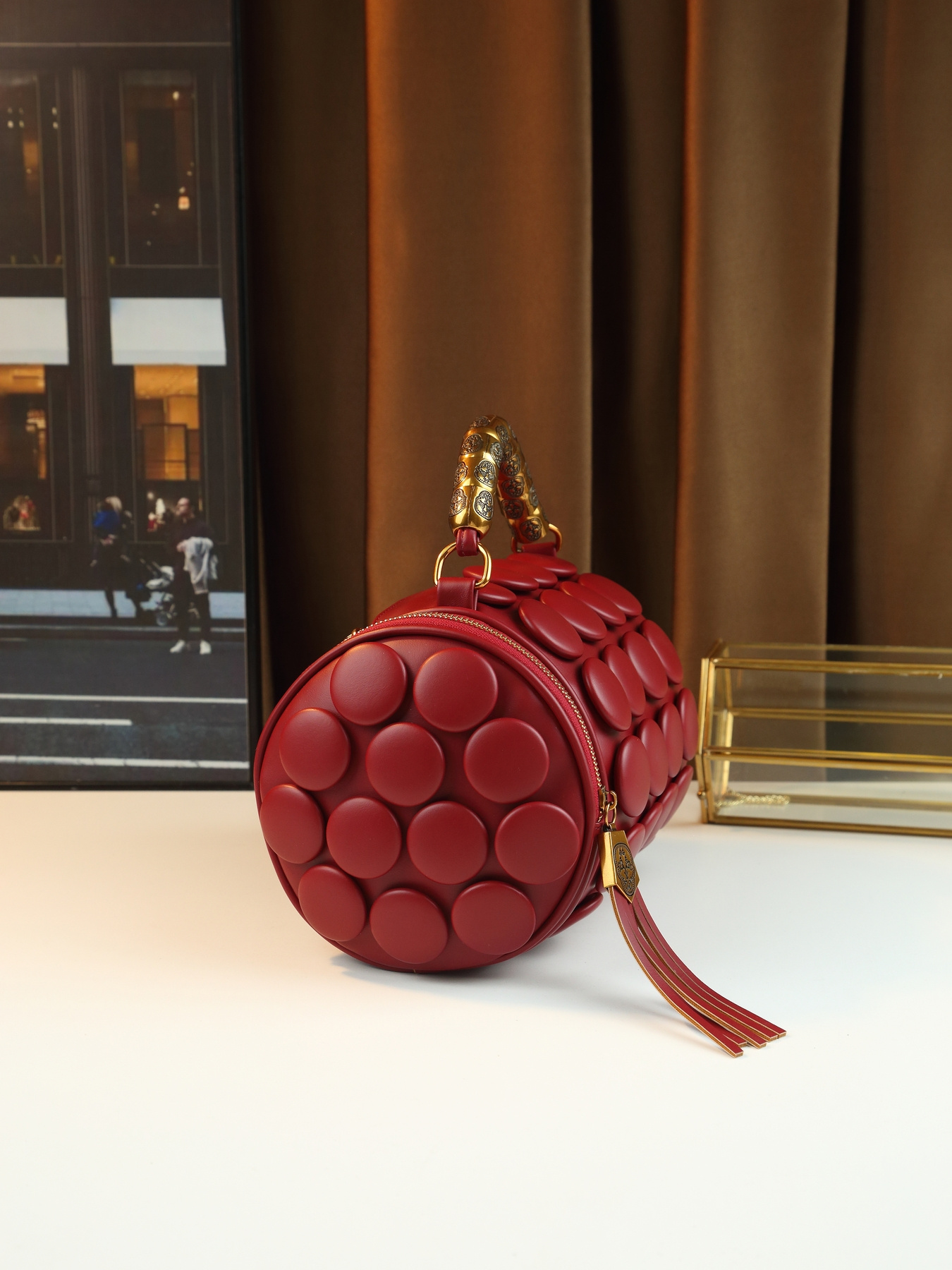 Red Vintage Boston Pillow Bag on model casual outfit