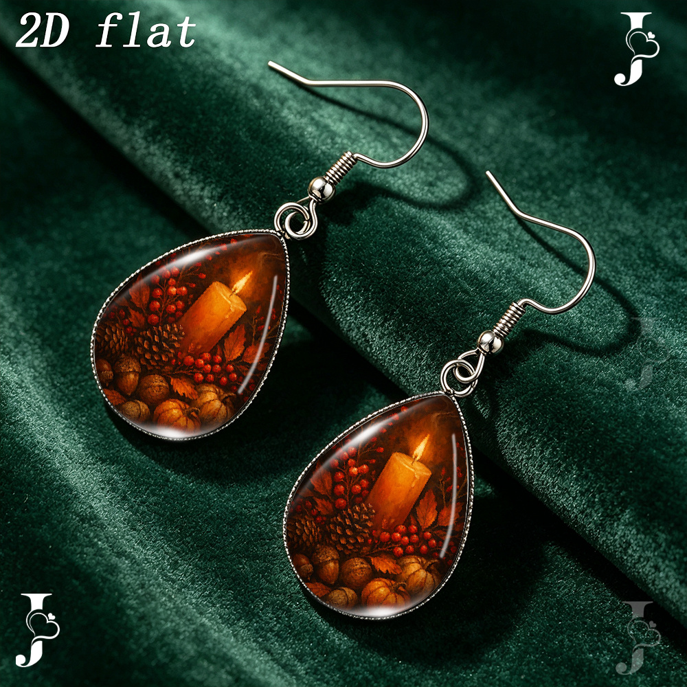 Teardrop Dangle Earrings with Autumn Candle Pinecone Pattern