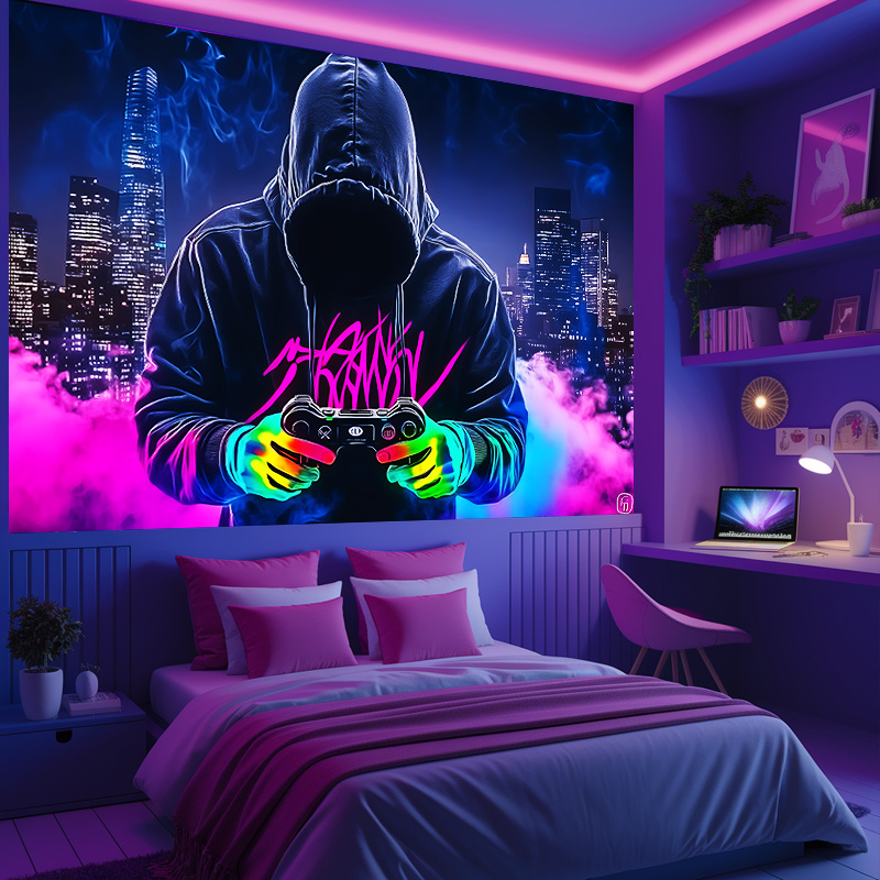 1pc mysterious man game controller fluorescent tapestry wall hanging for bedroom wall decor gift idea uv reactive fluorescent wall hanging with   orientation decor for bedroom game   parties no power needed tapestry wall