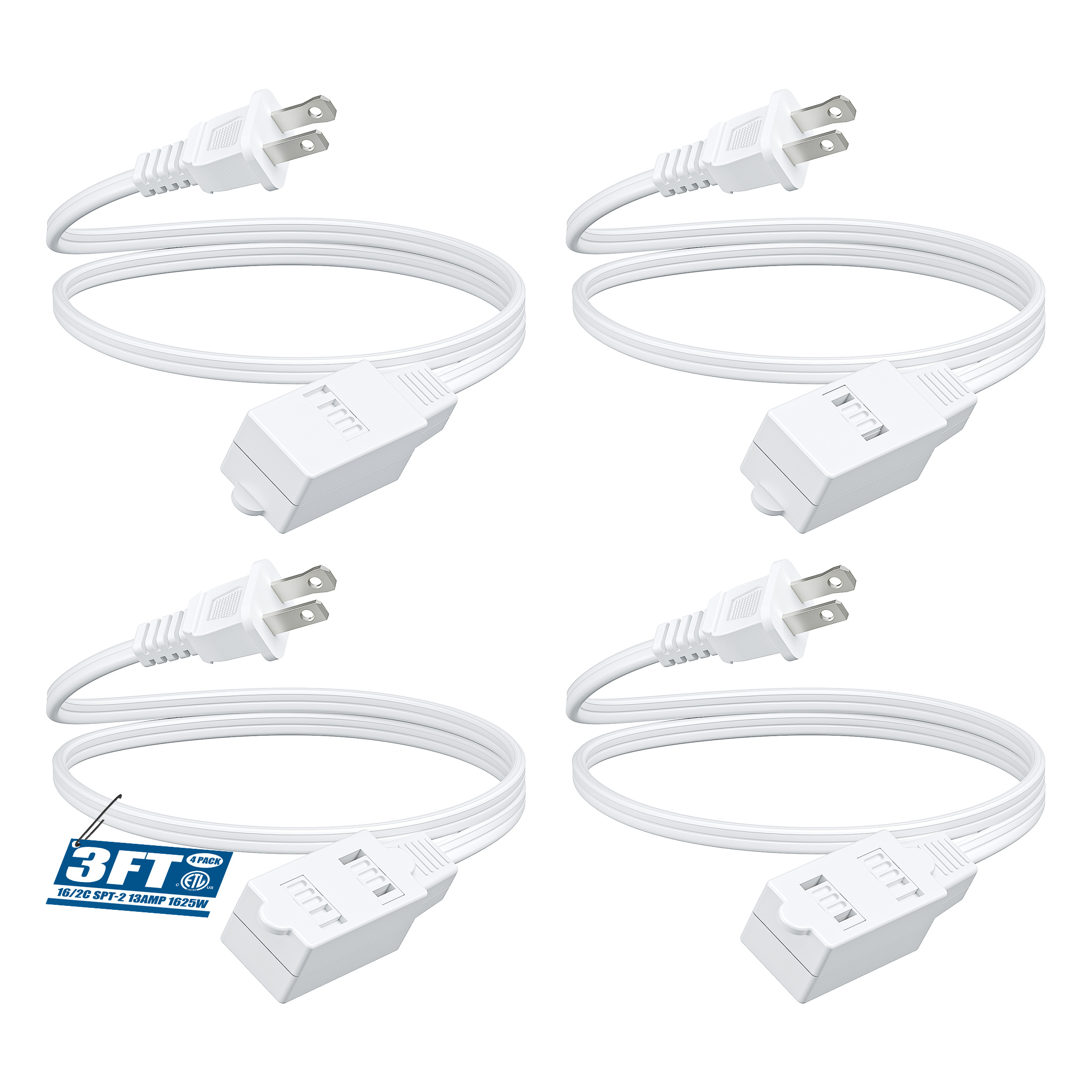 TEMU Lot de 4 rallonges de 3 pieds, prises à 2 broches, câble 16 AWG SPT-2, cache-sécurité pour usage intérieur à et