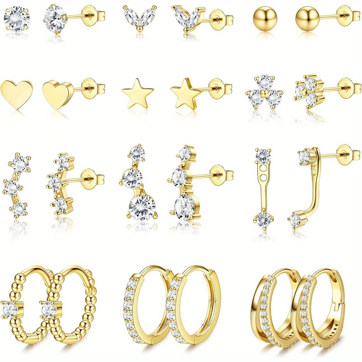 Image of 12 Pairs Golden Hoop Earrings For Women 14k Golden Plated Small Huggie Hoop Earrings Pack Trendy Cz Cartilage Stud Earrings Set For Multiple Piercings