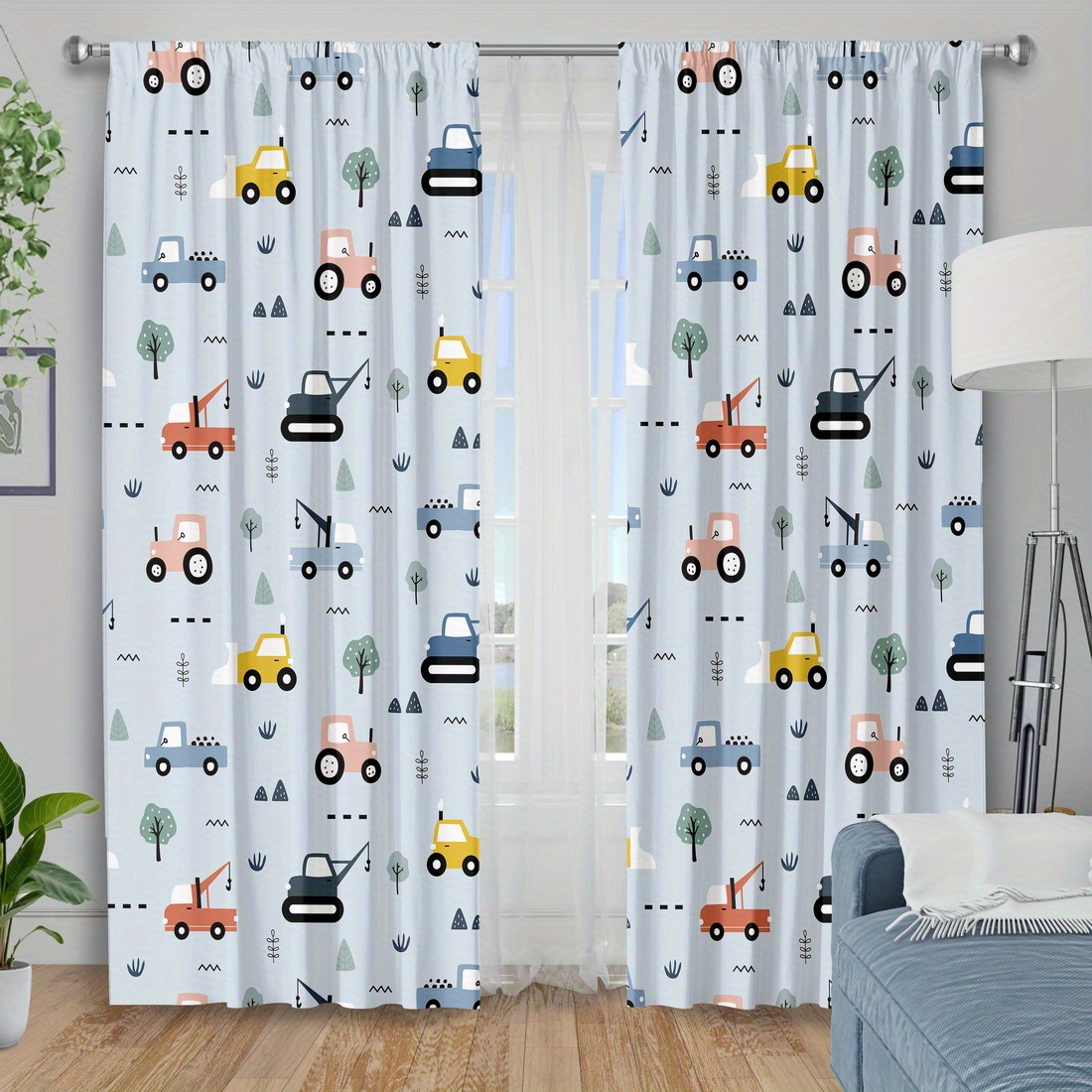 TEMU 2d Flat, 2pcs Panels Cute Transportation-themed Curtains Suitable For Bedroom, Living Room, Kitchen - Thermal Insulating & Light-blocking