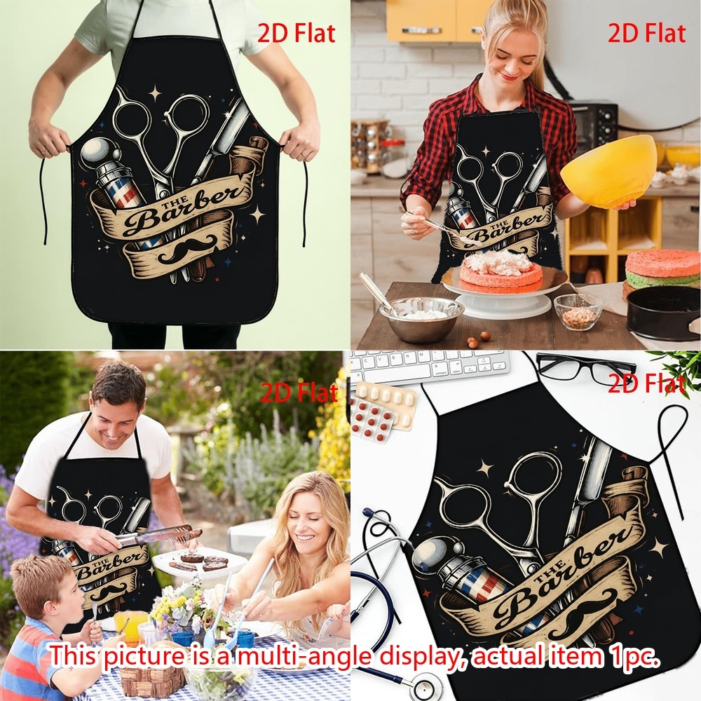 TEMU 1pc 2d Printed Barber-themed Apron With Shop Barber Pole And Mustache Print - Bib-style Waist Tie Design, Suitable For Barbers, Hairstylists,