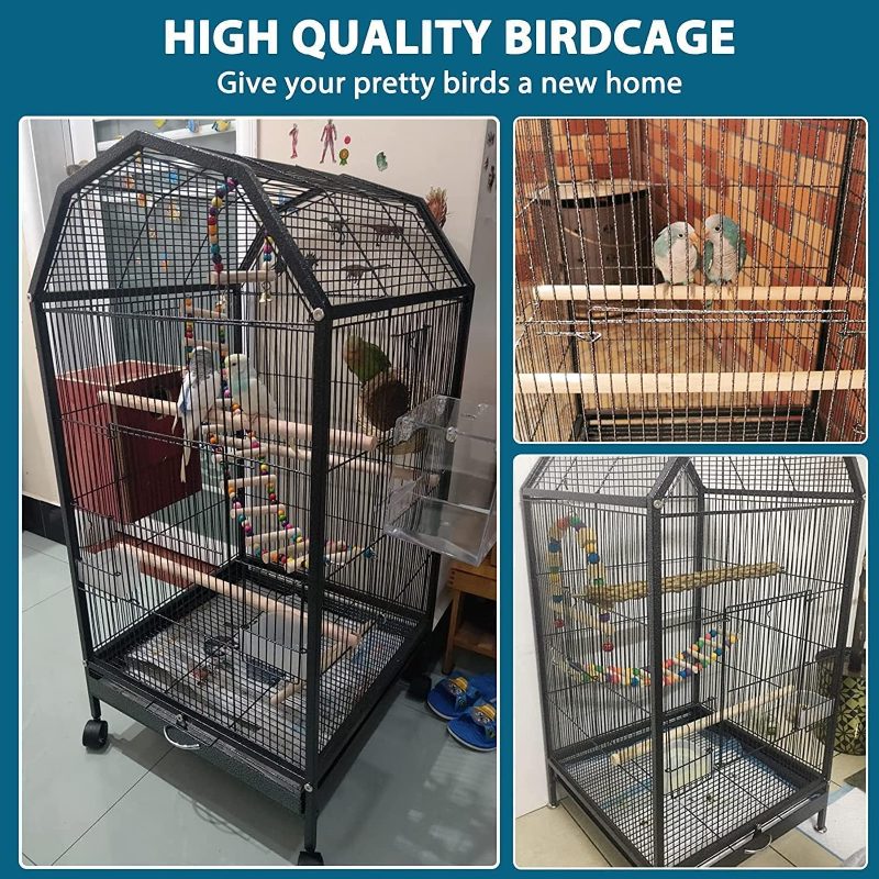 Large Bird Cage, 94cm Bird Stand with 3 Wooden Sticks Slide-Out Removable Tray Open Top, Rolling Stand Metal Bird Flight Cage Parrot Parakeet Cockatiel Pet House (Round)