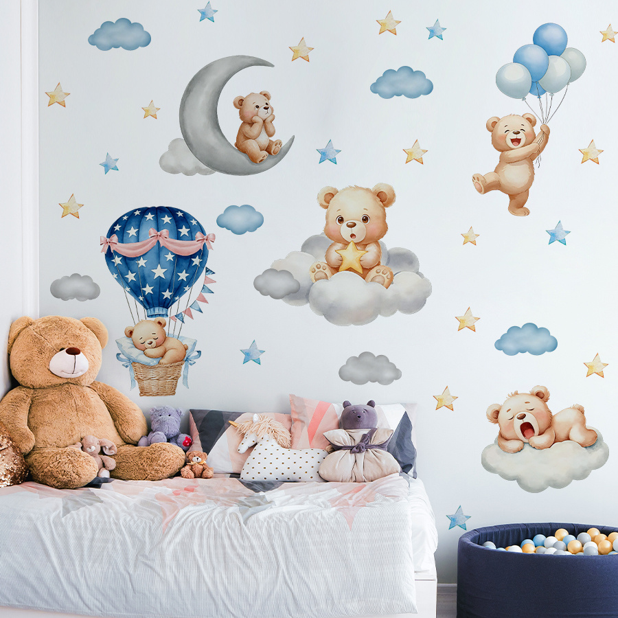 Image of 3pcs/set 2d Flat Printing Brup Fun Teddy Bear Themed Wall Stickers Moon Stars Clouds Hot Air Balloon For Kids Room Nursery Shower Decor Removable Cartoon Wall Decals, School Decor