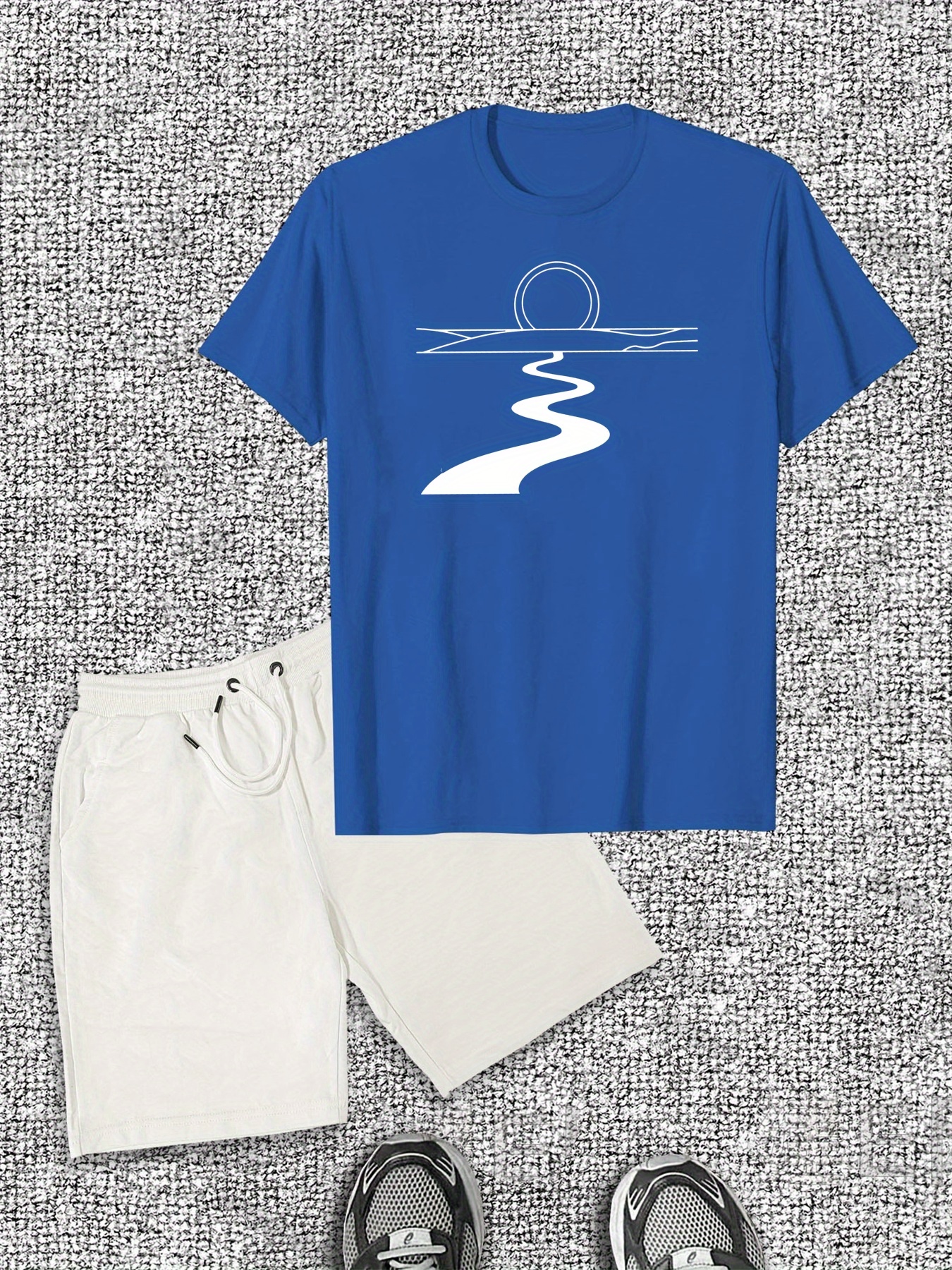 Men'S Casual River Pattern Short Sleeve T-Shirt and Shorts Set, Cotton Crew Neck Tee with Slight Stretch, Solid Color Summer Outfit for Casual Attire, Casual Summer Wear|Minimalist Design|Comfortable Fit