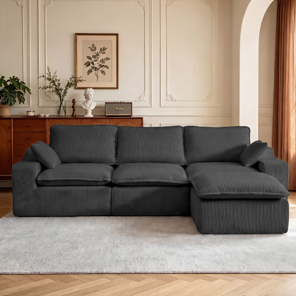 Extra Large L-shaped Sofa With Right-side Chaise, Minimalist Compressed Frame, No , Modular Cloud Combination Couch For Living Room And Bedroom, Plush Corduroy Fabric
