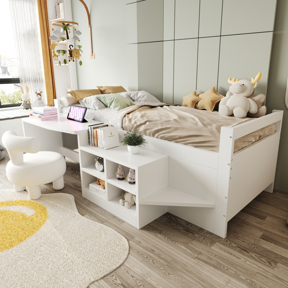TEMU Modern Space- Bed With Built-in Desk & Storage - Single Bed Frame With Underbed Compartments, Easy Assembly, Suitable For Small Rooms, Dorms, -