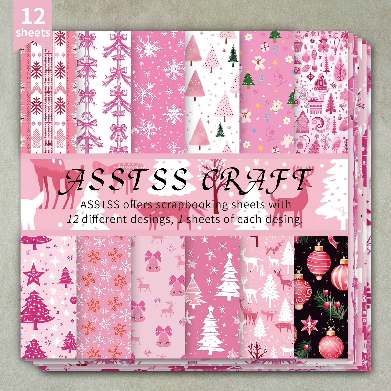 TEMU 12-sheet Asstss Heavyweight Paper Pad - Pink & Pastel Christmas, Winter, Floral,, Snowflake, & Heart Cardstock Sheets For Journaling, Greeting