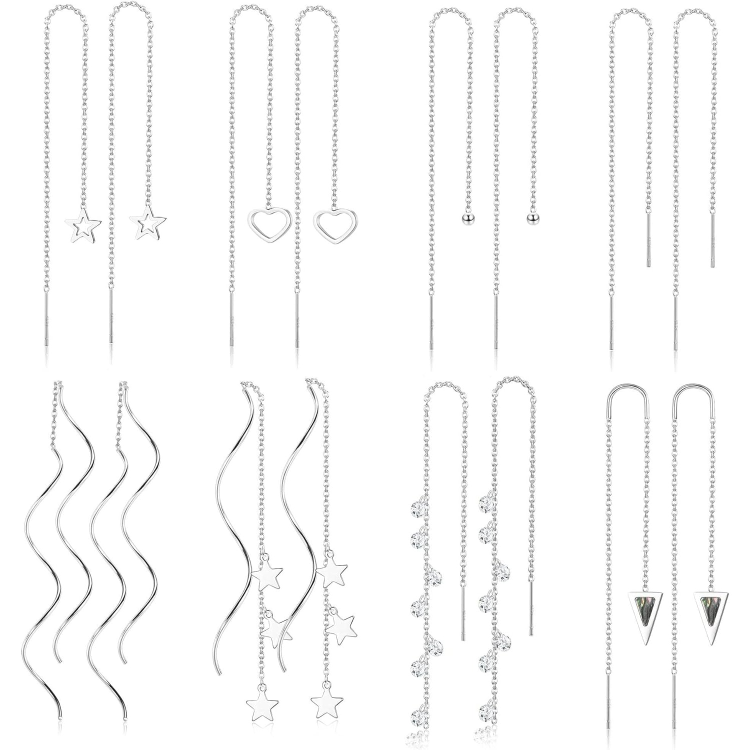 Image of Set Of Lightweight Long Chain Earrings Including 8 Pairs Of Threader, Tassel, And Wave Drop Dangle Earrings Made Of Stainless Steel And With Rhinestones