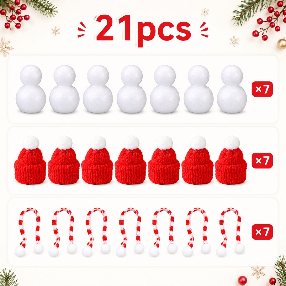 TEMU Kit de bricolage de Neige de Noël 21 pièces, 7 bases de en mousse et 7 chapeaux rouges tricotés et 7 écharpes rayées rouges et blanches, Mini