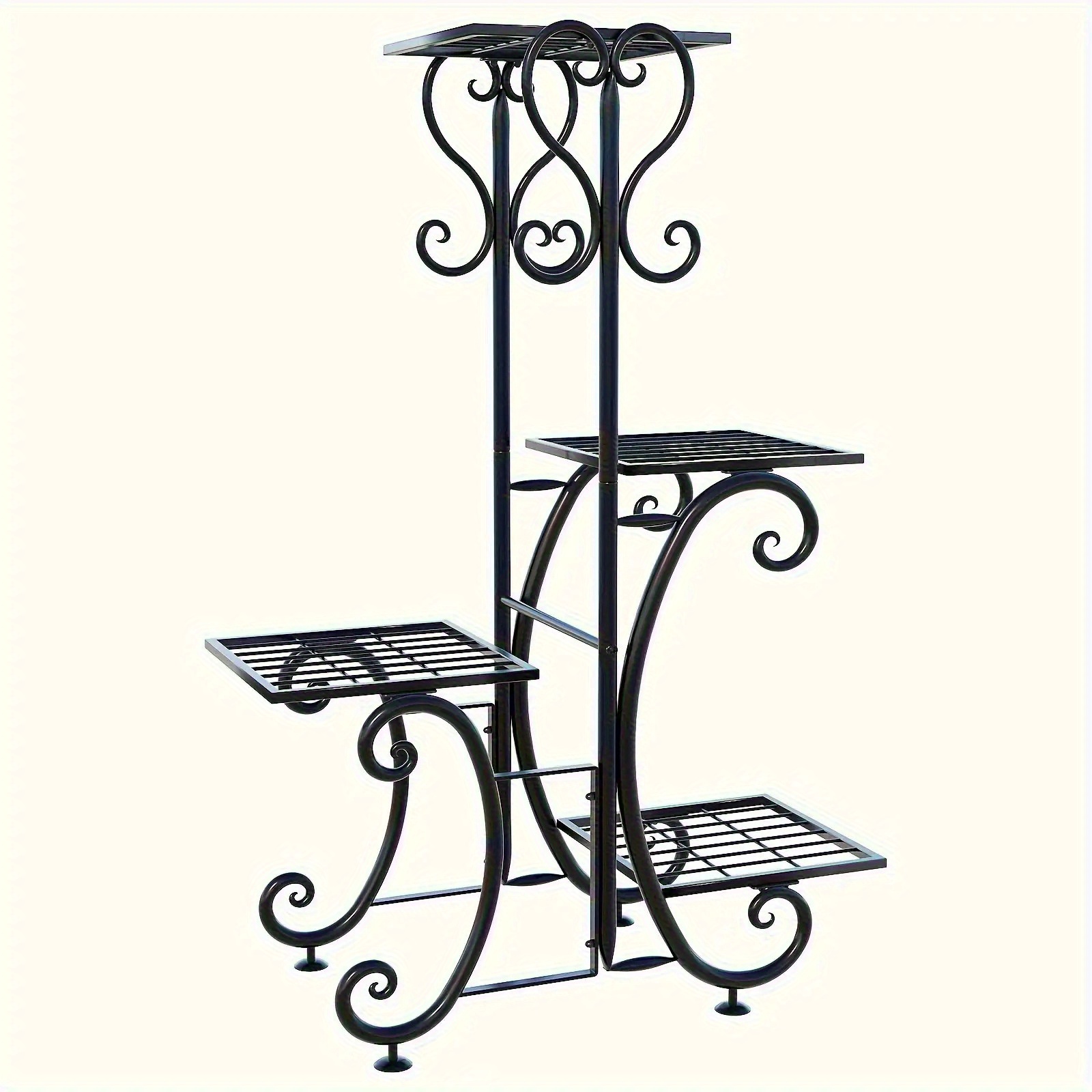 4-Tier Heavy Duty Black Metal Plant Stand with Ornamental Scroll Design - Sturdy Stainless Steel Indoor/Outdoor Layered Shelf with Lower Storage Shelf, Space-Saving Vertical Garden Centerpiece for Home, Office, Balcony, Retail Store - Easy Assembly, Rust-Resistant Modern Farmhouse Style with Non-Slip Pads & Airflow Holes, Ideal for Housewarming Gift