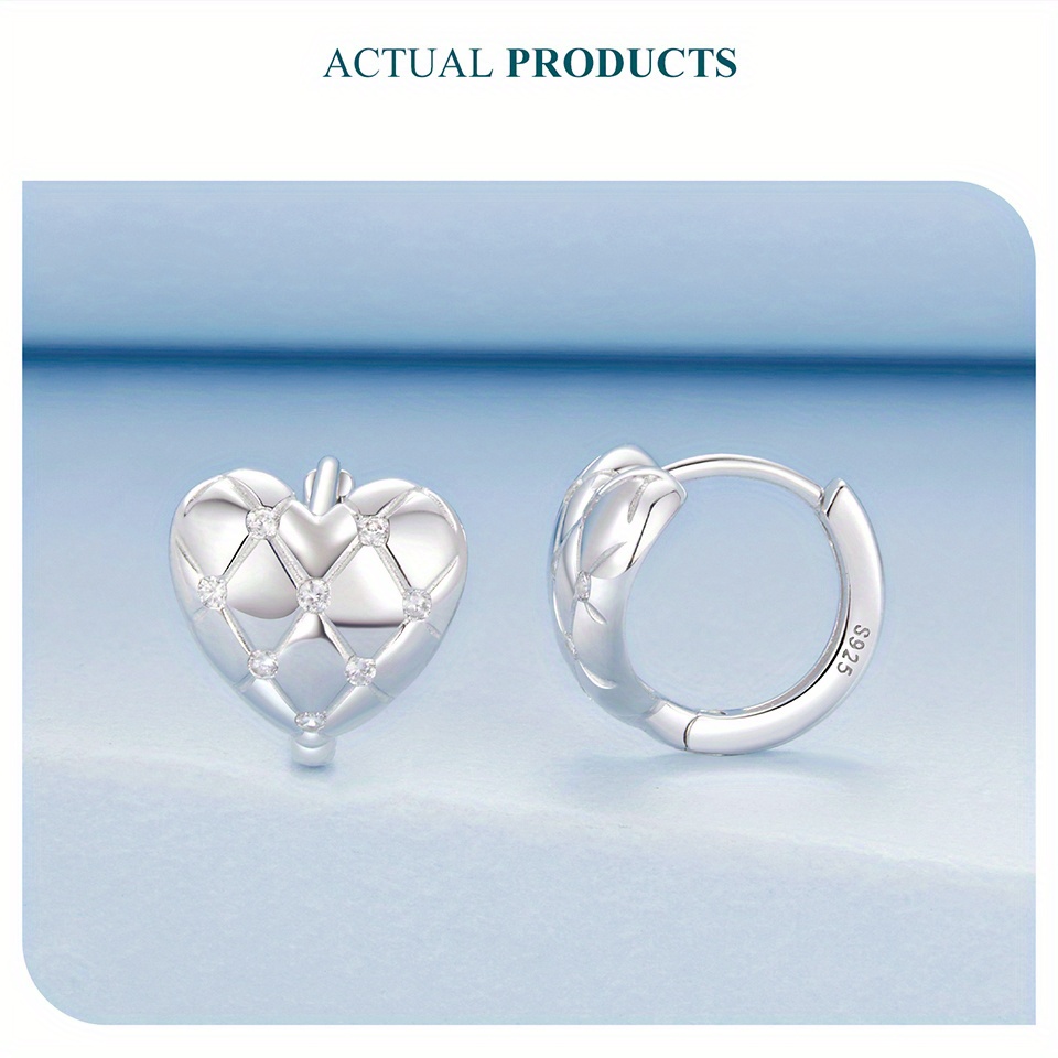 1 pair cute japanese & korean style heart & checkered pattern 925   with synthetic zirconia, hypoallergenic women s fashion jewelry,     & valentine s day gift details 4