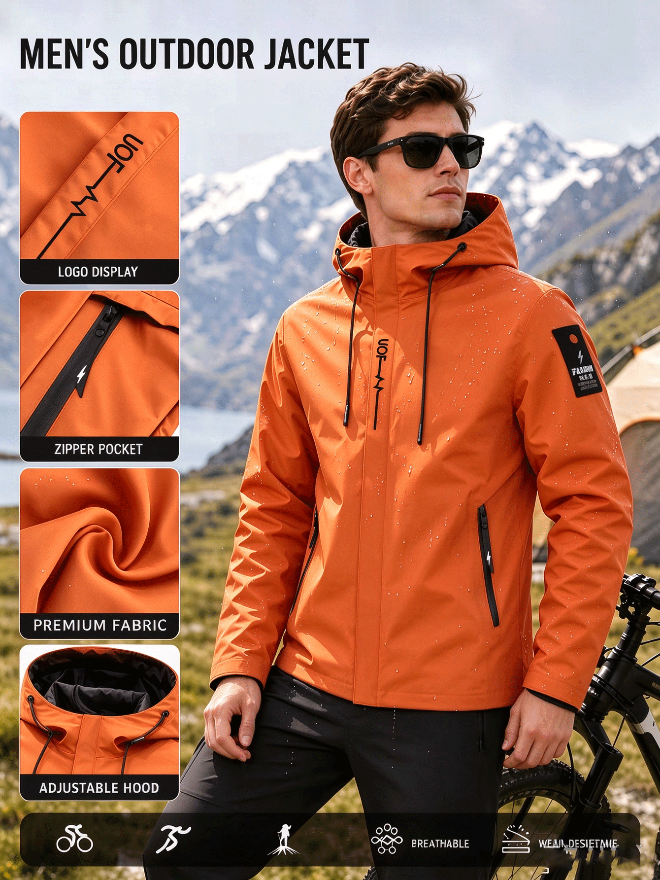 Men's Plain Print Full-Zip Hooded Jacket for Outdoor Activities