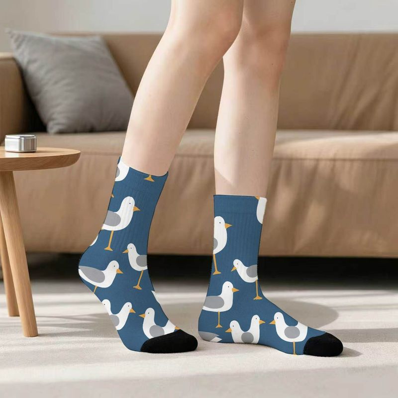 TEMU Seagull Print Socks For Men Women - Cute Blue White Gray Bird Pattern Socks With Black Toe, Blend, Cozy Indoor Living Gift