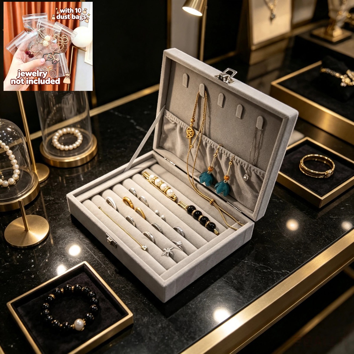 Premium Gray Velvet Locking Jewelry Box with Compartments