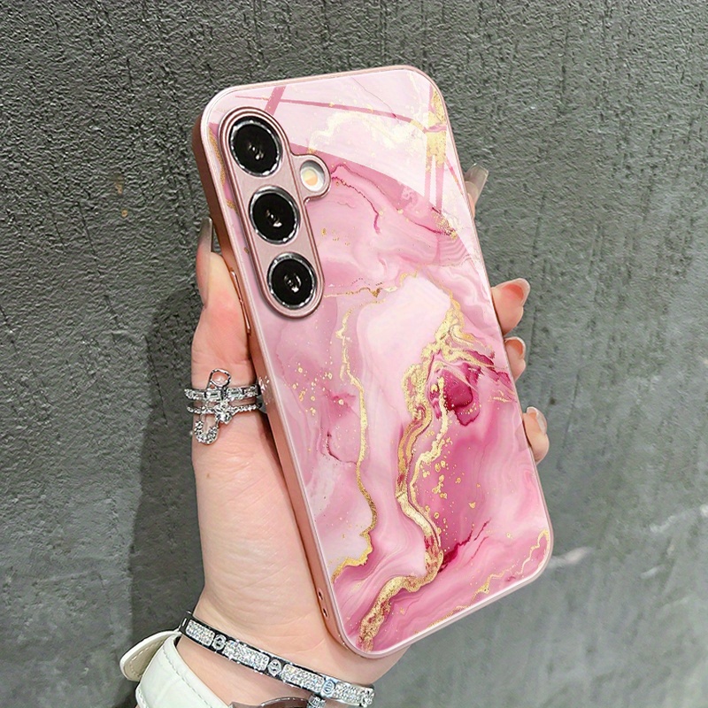TEMU Pink Gilded Marble Pattern Glass Phone Case Suitable For Galaxy