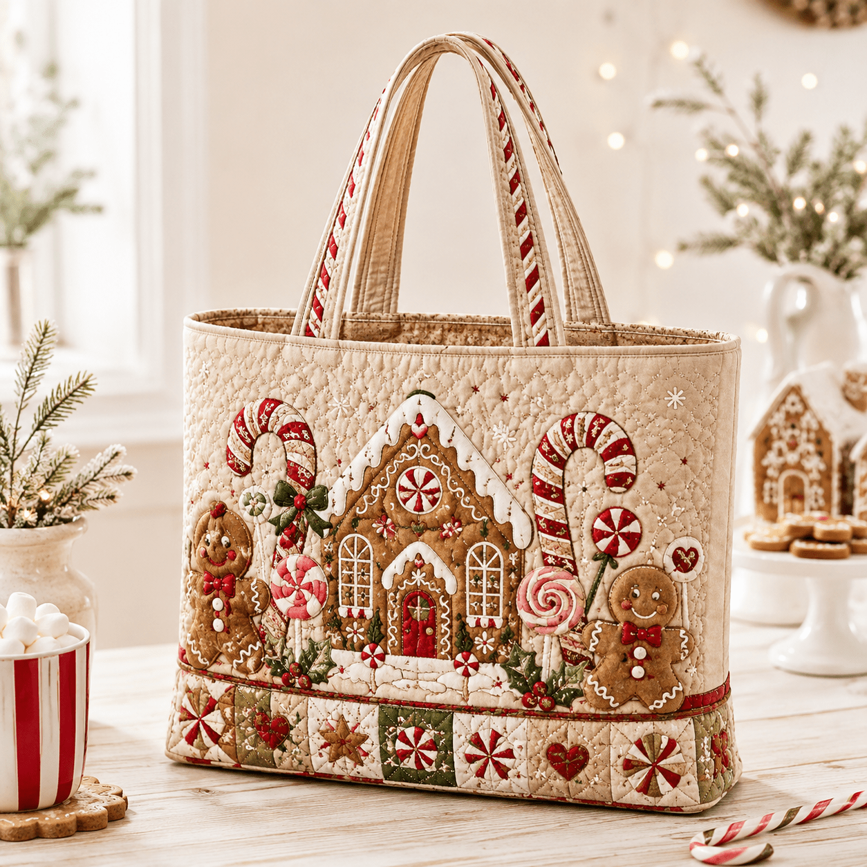 Image of 17 X 15 Inch Quilted Tote Bag For Women, Gingerbread House Candy Christmas Tote Bag, Cute Holiday Pattern Detail, Soft Handheld Bag, Large Capacity School Work Bag For Daily Use Weekend Gym