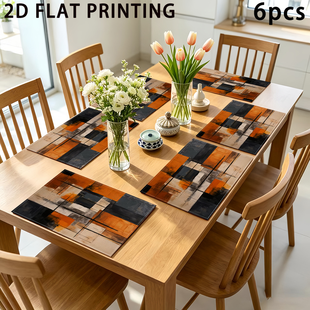 4er-/6er-set abstrakte aquarell-tischsets für zuhause, küche, esszimmer, moderne orange-schwarze waschbare -matten, handwaschbare rechteckige   für bauernhaus-partys, für den innen-/außenbereich mit orangefarbenem design