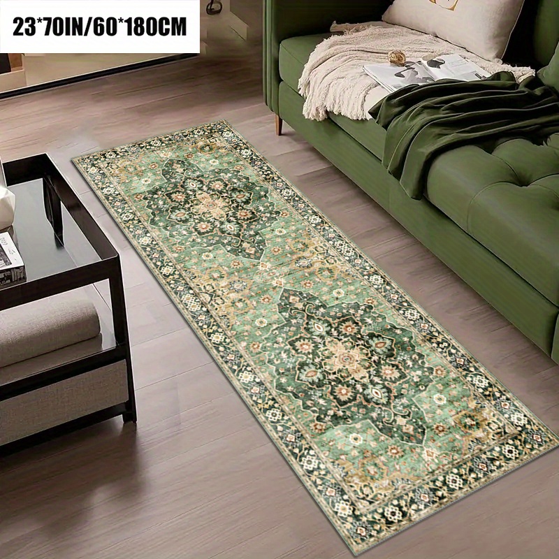 TEMU 1pc Green Bohemian Long Runner Carpet, 800g/mÂ², Suitable For Bedrooms, Cafes, Hotels, , Banquet , Outdoor Patios, Gardens, , Home Decor, And