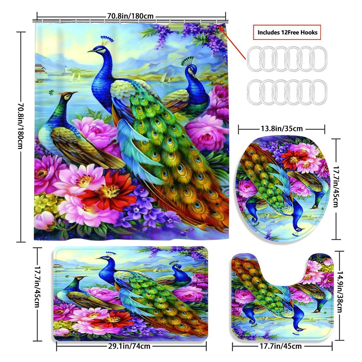 TEMU 4pcs Blue Curtain Decoration, Beautiful Housewarming Gift, Decoration, Shower Curtain And Toilet Floor Mat 3 Piece Set With 12 Shower Curtain Hooks