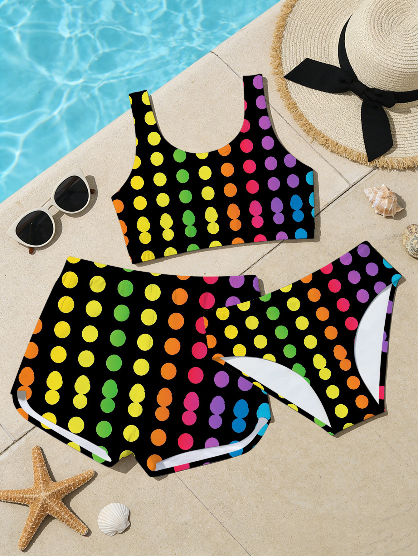 random digital full print fashion trendy grand summer swimsuit 3  set colorful polka dot sweet print unique girls pool party birthday gift fashion 3  set swimwear indoor swimming pool outdoor swimming vacation leisure outdoor sports