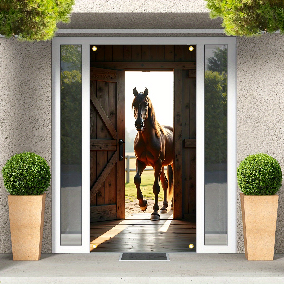 TEMU 2d Flat, 2d Flat - 2d Door Banner 2d Flat, 2d Flat - 2d Door Banner 1pc A 2d Door Banner Featuring A Horse In A Doorway, Suitable For Parties,