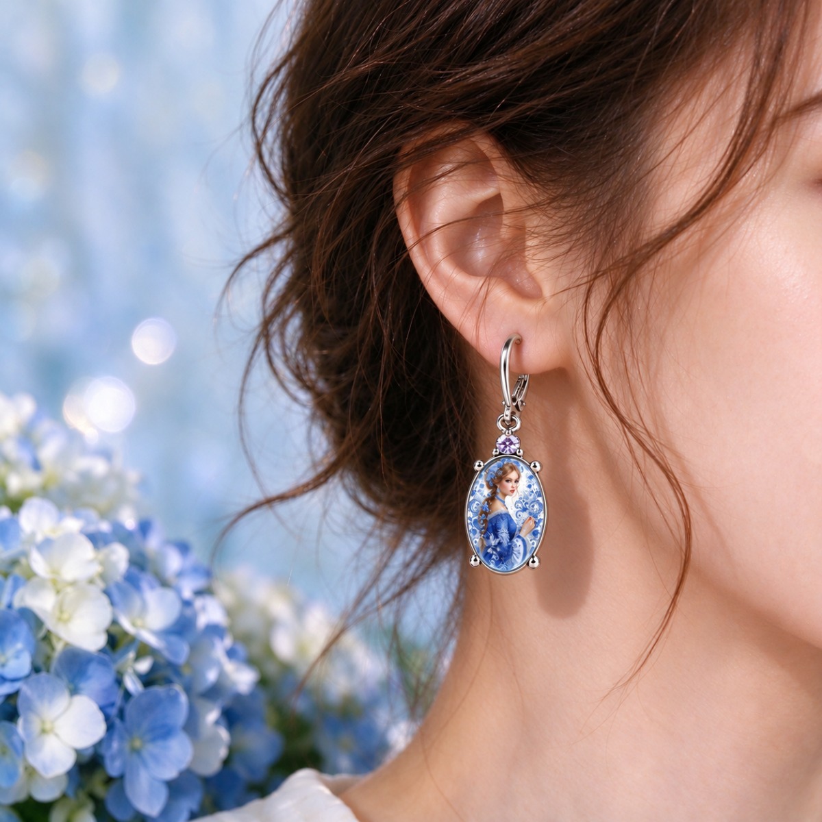 Women's Blue & White Portrait Pattern Hanging Earrings, Floral