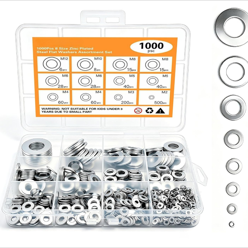 TEMU Kit d'assortiment de 1000 rondelles plates robustes - M2 M3 M4 M5 M6 M8 M10 M12 adaptées aux boulons, vis, attaches, rondelles de quincaillerie