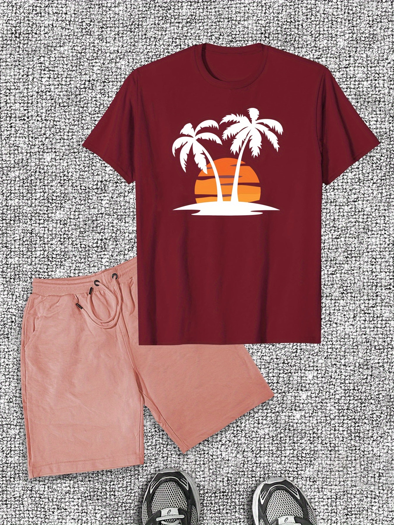 Men'S Casual Summer Shorts and T-Shirt Set, Cotton Crew Neck with Tropical Palm Tree Print, Regular Fit, Slight Stretch Fabric - Ideal for Beach or Vacatio