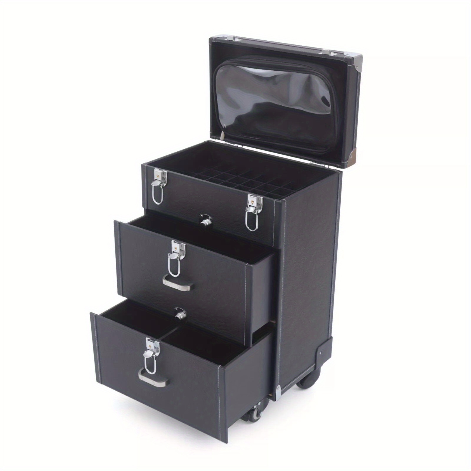 Image of 3-tier Rolling Makeup Train Case Nail Polish Storage Box Organizer Cosmetics Box