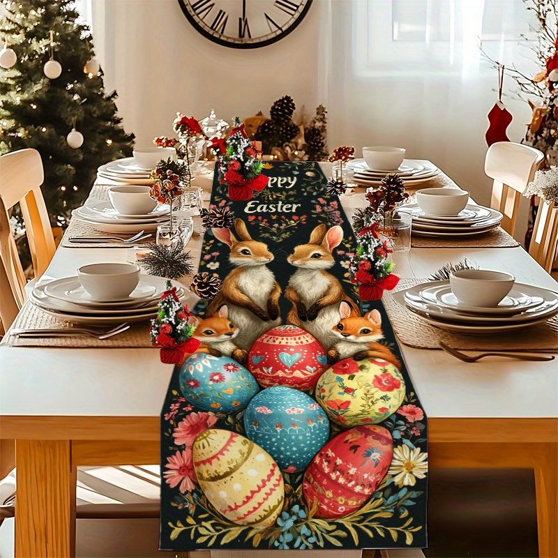 

Festive Easter Table Runner With Bunny & Egg Floral - Vibrant Spring Decor In Black Polyester, Dining Room, Entryway, Family Gatherings, And Outdoor Celebrations