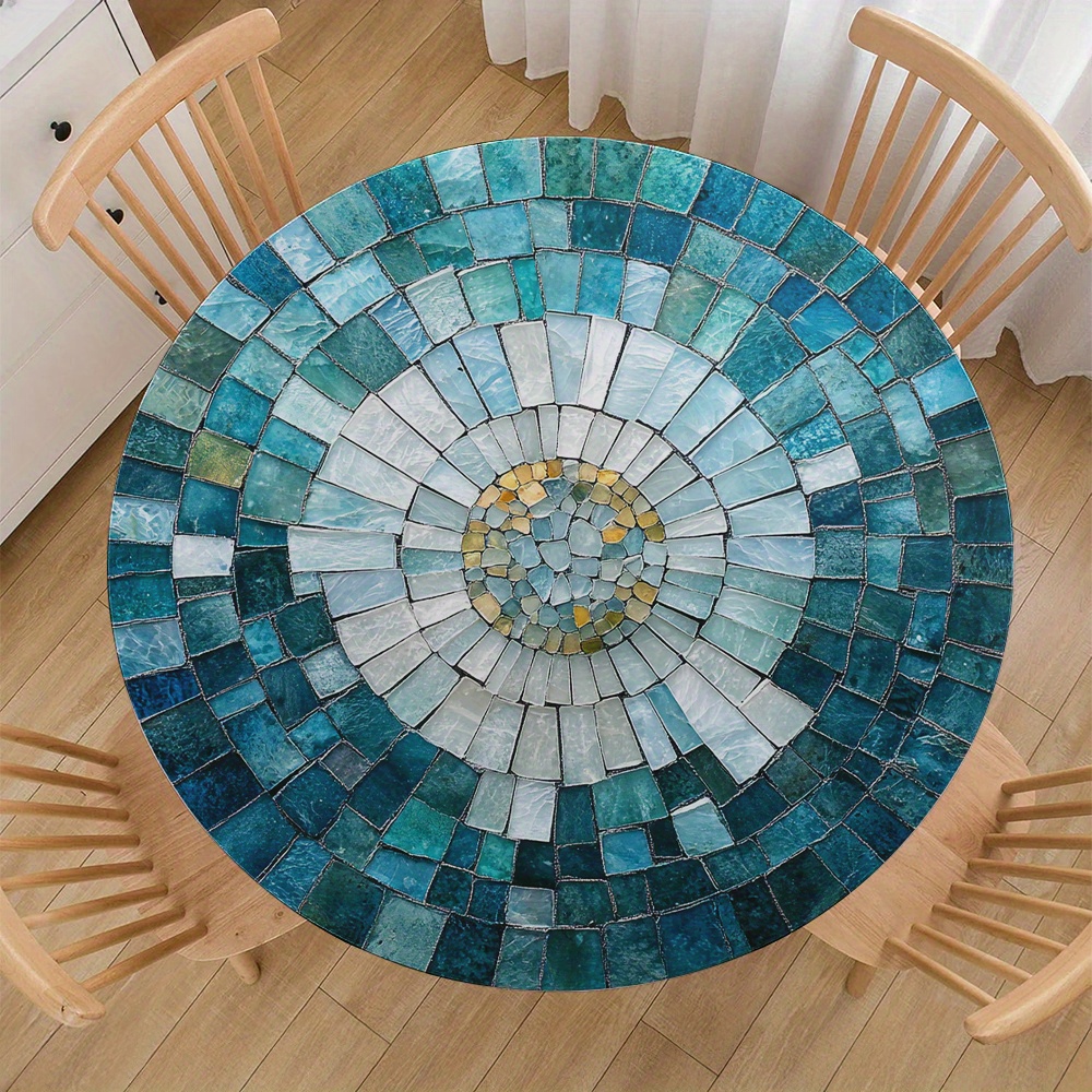 TEMU 1pc 2d Flat Printed Round Tablecloth, Blue Gradient Glass Mosaic Round Tablecloth - Elastic Table Cover, Suitable For Outdoor Picnics, Camping,