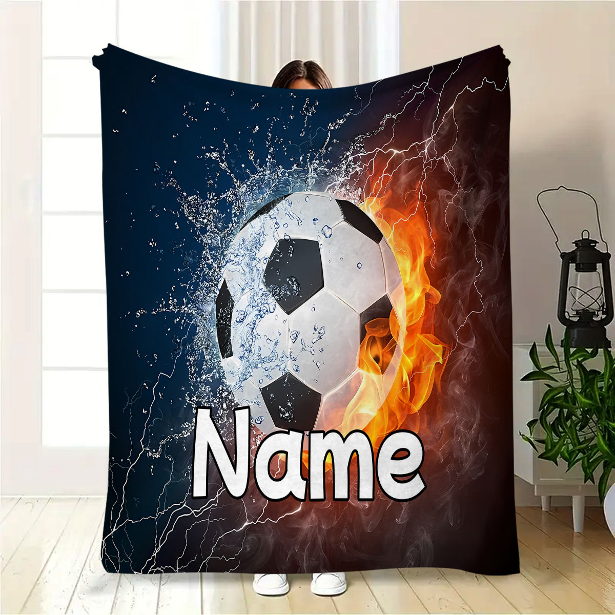 TEMU [custom] 1pc Creative Cracked Shell Soccer Ball Pattern Custom Name Blanket, A Gift For , Lightweight Flannel For Sofa, Travel, Camping, Living