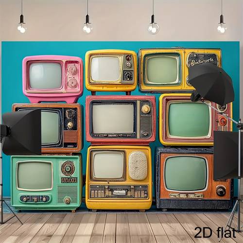 2d flat graphic single piece stacked vintage televisions styles from the 1960 1970s multi art displayed in a background tv collection series used for photography decoration parties and live streaming