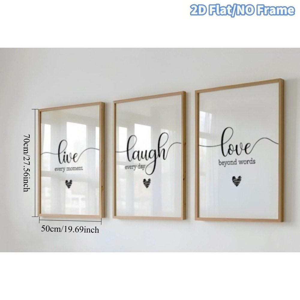 TEMU 2d Flat, 2d Flat, 2d Flat Frameless 3pcs "life, , Love" Wall Art - Minimalist Style For Home Decor, Living Room And Office, Featuring Elegant ,