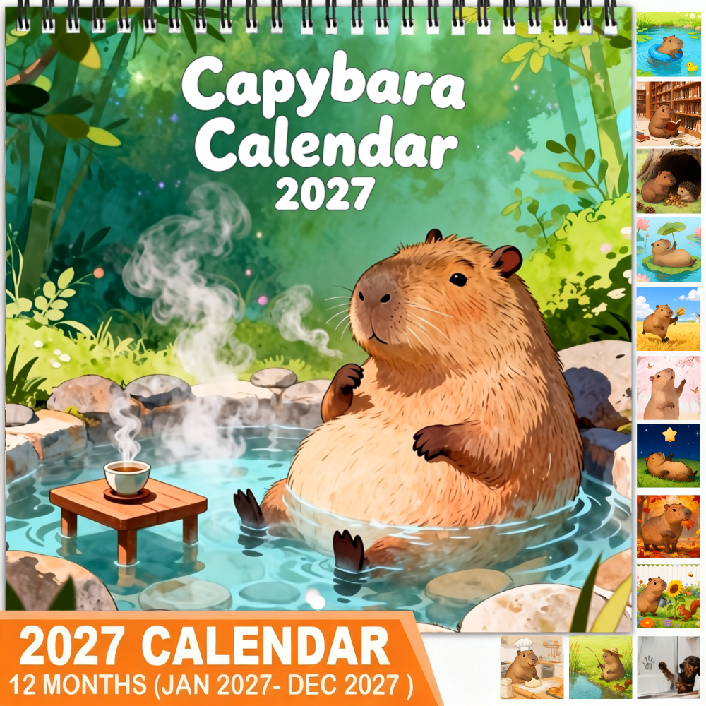 TEMU Calendario da parete agenda 2027 con capibara che si rilassa in una termale con vapore , stampa fronte-retro a spirale su carta patinata spessa