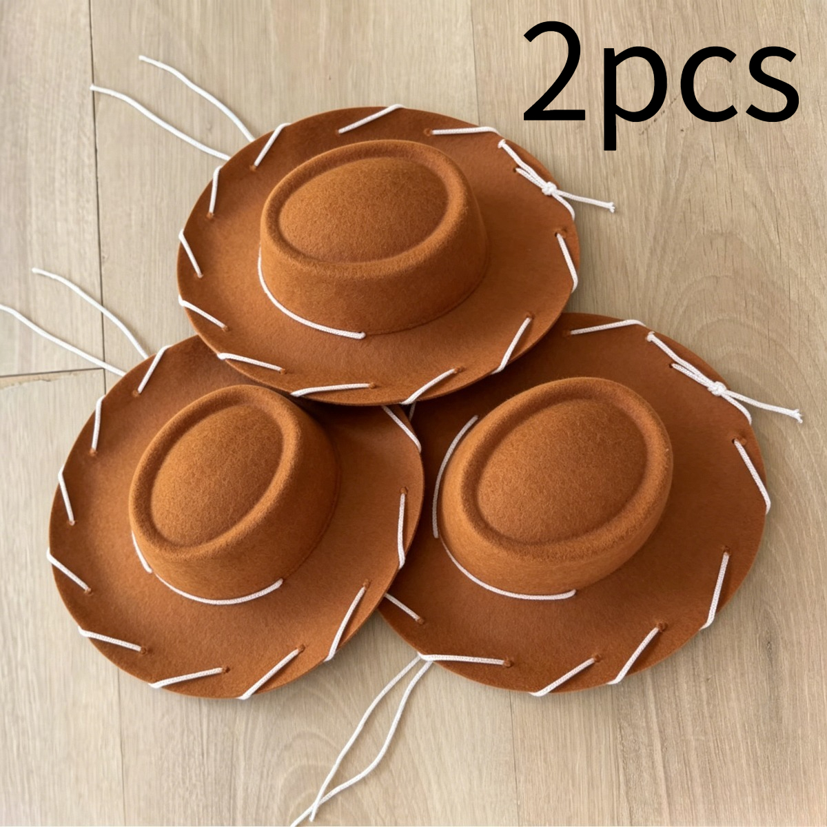TEMU 2pcs Brown Felt Cowboy Hats With White Stitching, Role-playing Hats, Western-style Adjustable Costume Hats, Suitable For Halloween, Themed