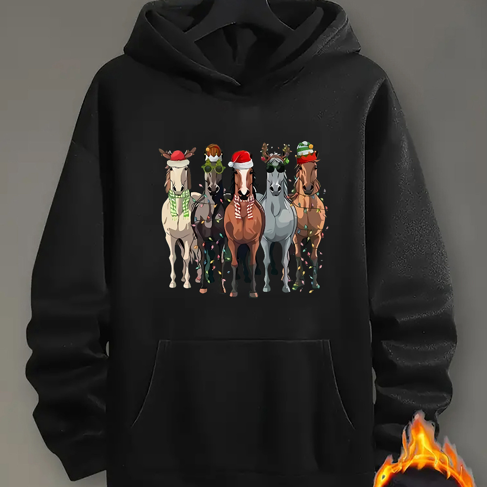 

Christmas Horses Print, Men's Casual Streetwear Hoodies, Comfy And Loose Hooded Pullover Top With Kangaroo Pocket For Fall And Winter