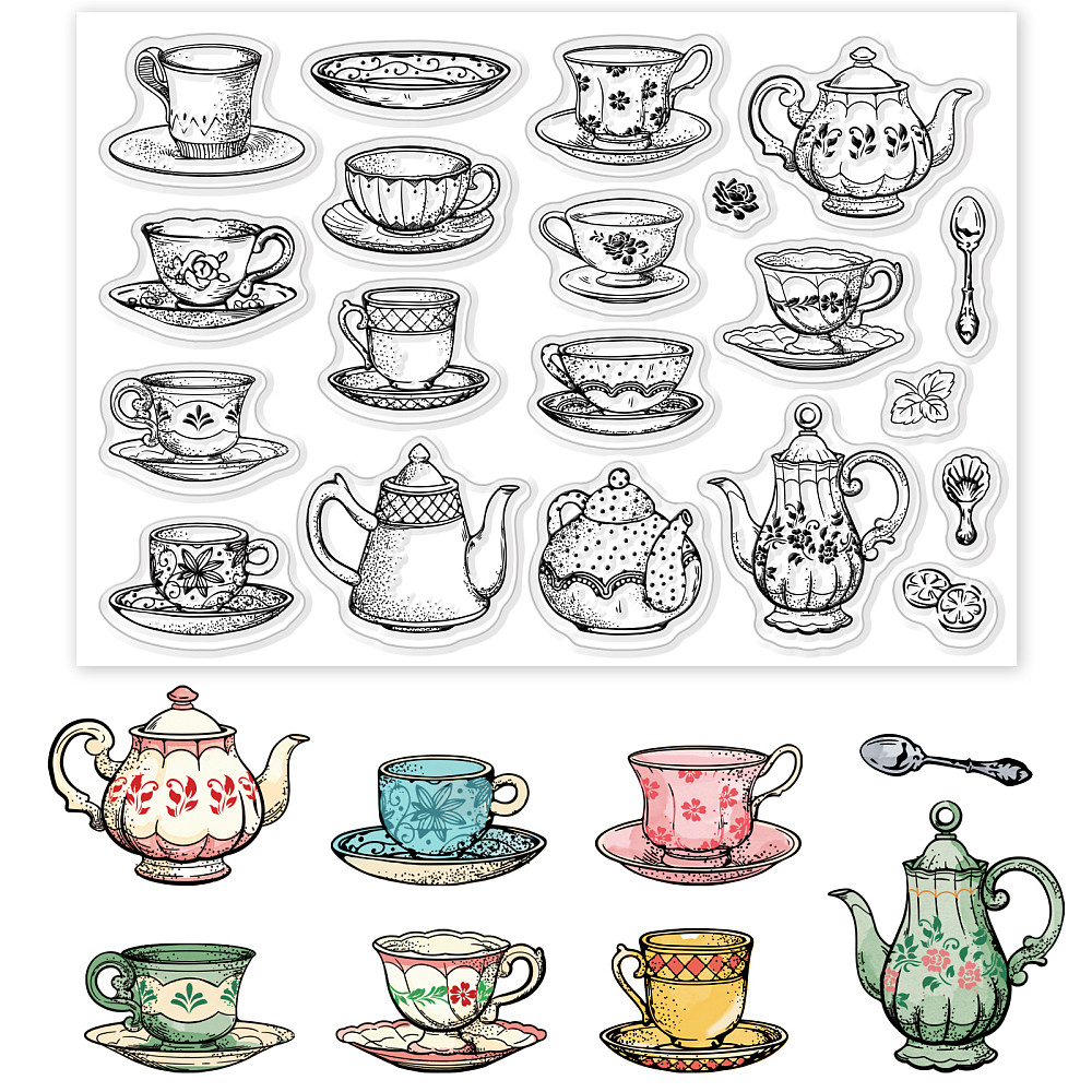 TEMU 1sheet Tea Coffee Cups Clear Stamps Afternoon Tea Theme Embossing Stamp Sheets Teapot Clear Stamps Seal Rubber Stamps Craft Supplies Stickers