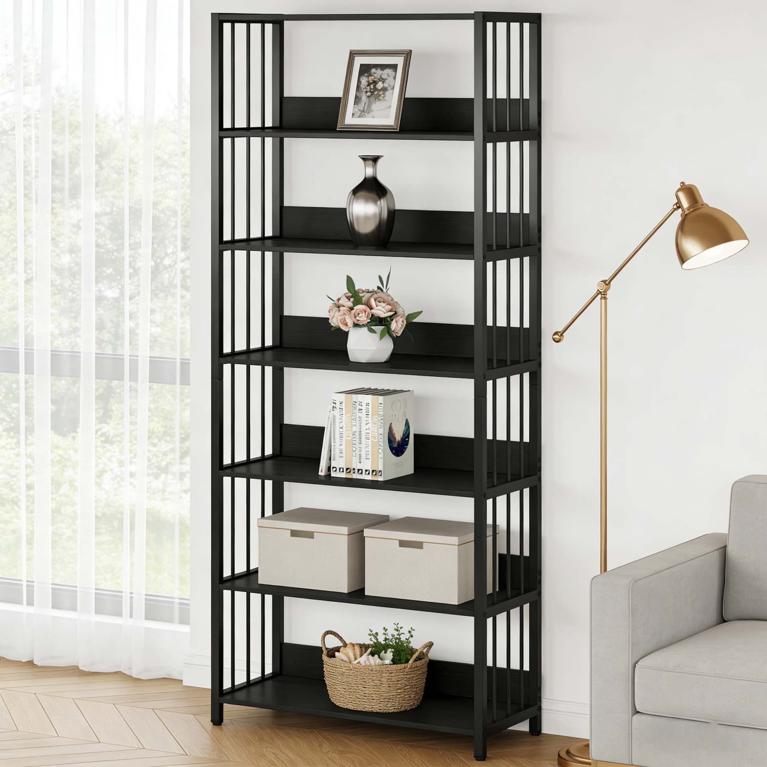 6-tier Bookcase Storage Shelf, Extra Tall Narrow Freestanding Shelving Unit, 80 X 30 X 190cm, For Living Room, Bedroom, Kitchen, Black